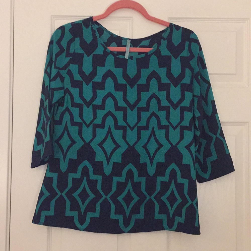 Teal and Navy Patterned Blouse